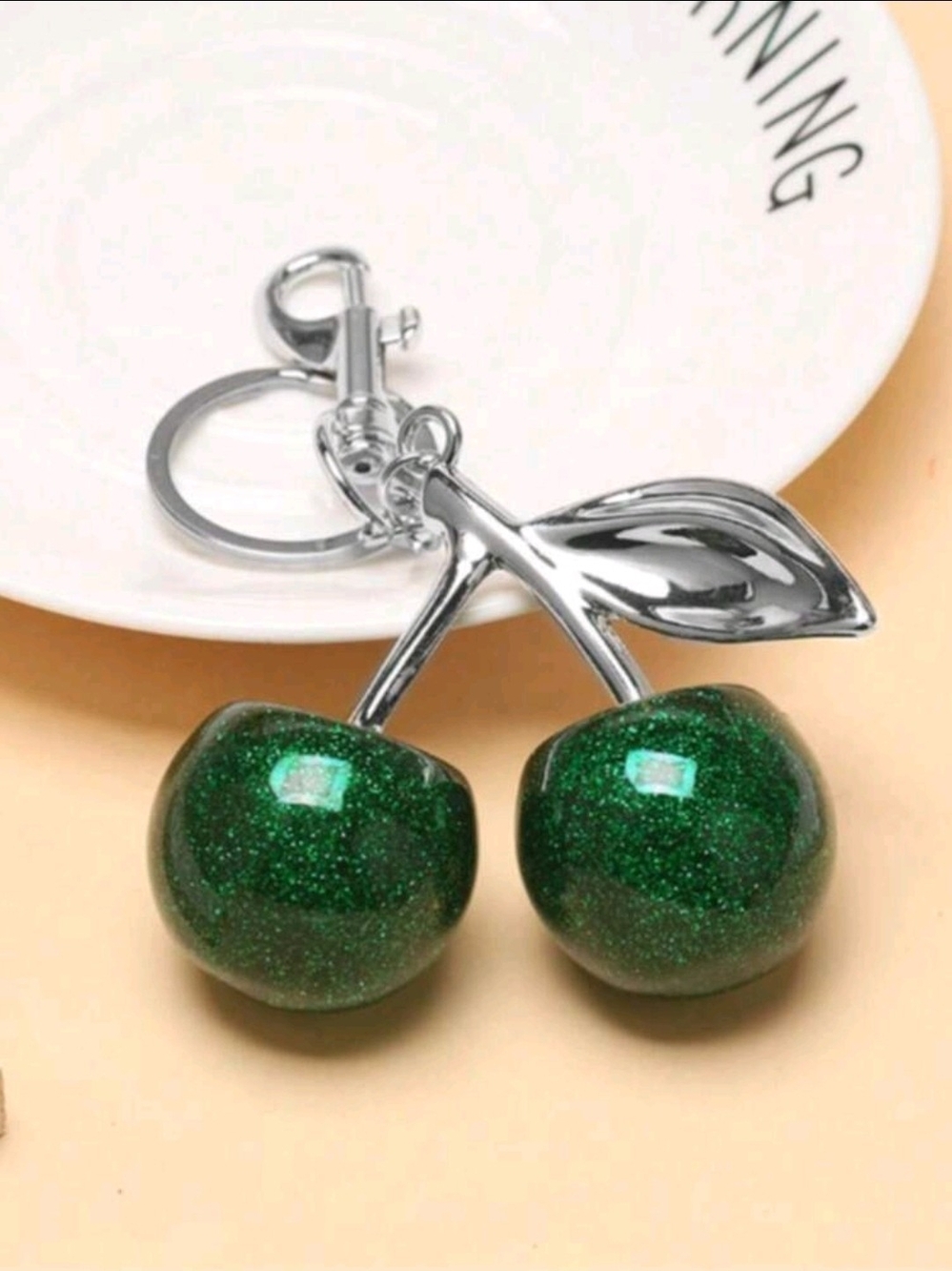 Green Glitter Cherry Keychain Charm - Women Accessories